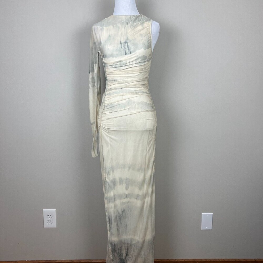 Zara Maxi Dress Womens XS Cream Gray Ruched One Shoulder Long Sleeve Mesh Y2K